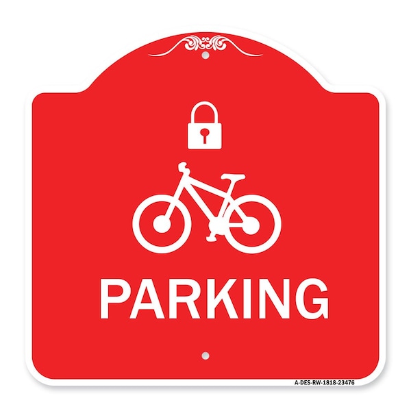 Signmission Parking With Cycle and Lock, Red & White Aluminum Architectural Sign, 18" x 18", RW-1818-23476 A-DES-RW-1818-23476 - main